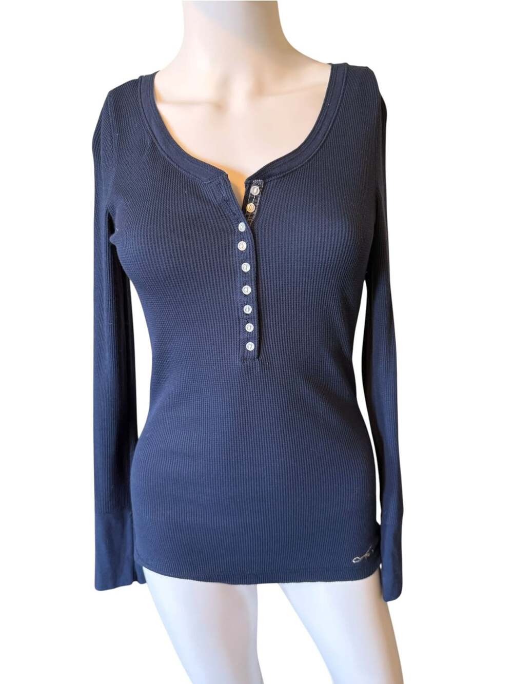 Y2K Aeropostale Waffle Knit Henley Size L Navy Blue Long Sleeve Top